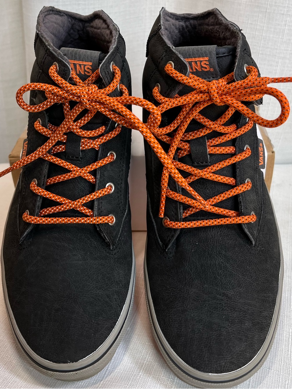 Vans Youth 7 Black Gray Mid Top Sneakers Orange Laces Women’s 8.5 Skate Shoes